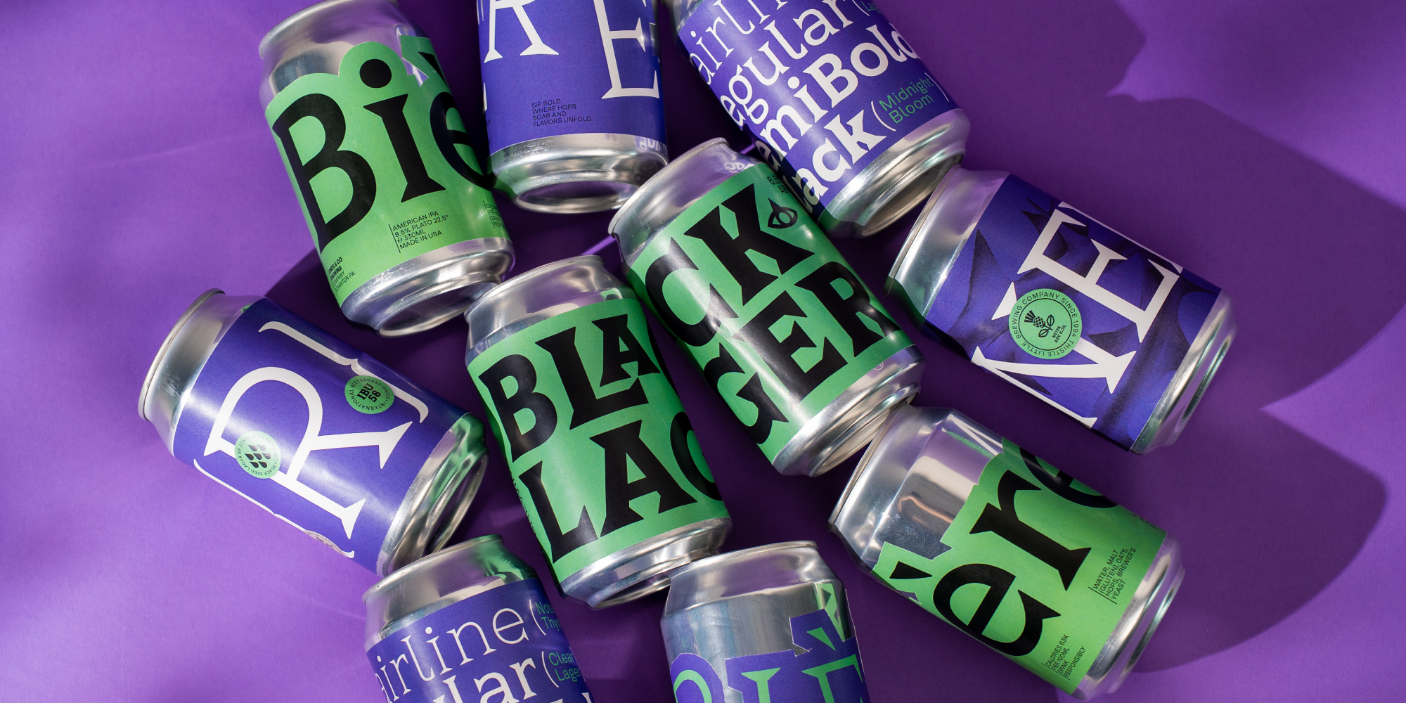 Purple and green beer cans using Thorn Serif typography on a purple background.