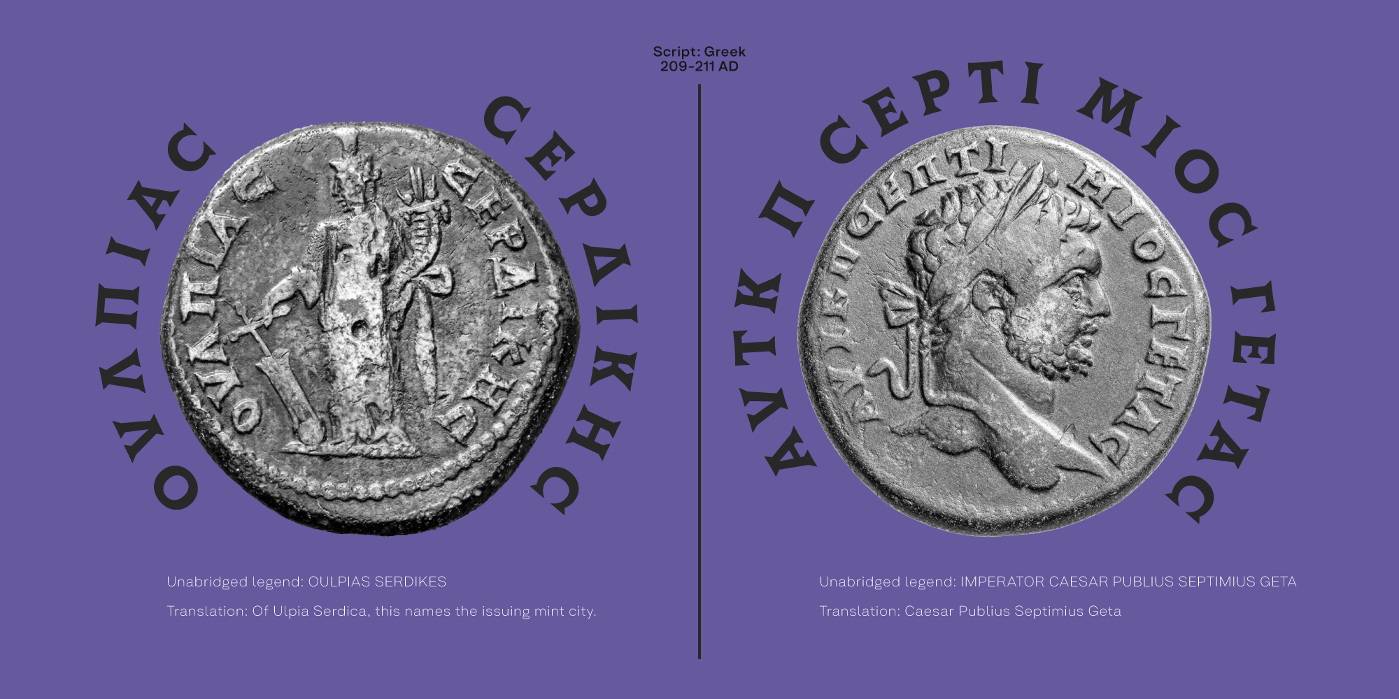 Two Roman coins from Serdica with their Greek inscriptions reconstructed around the edges.